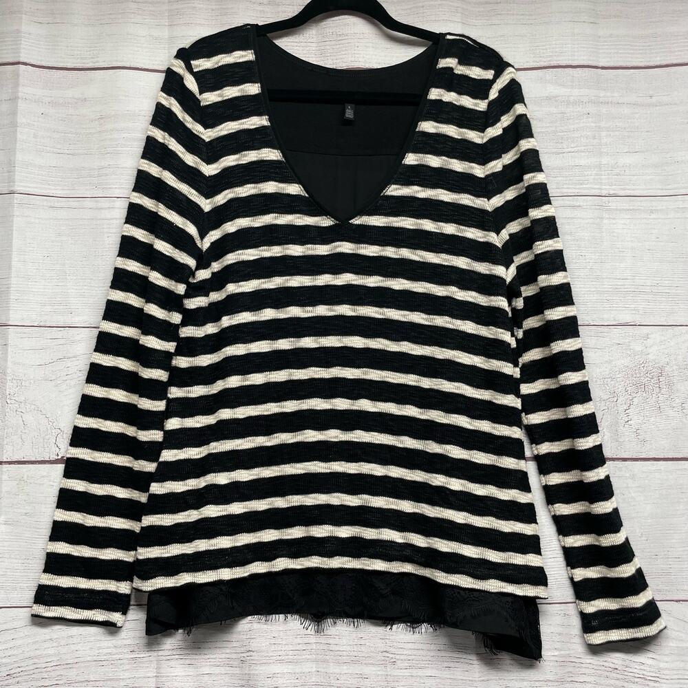 White House black market striped knit shirt size L lace trim